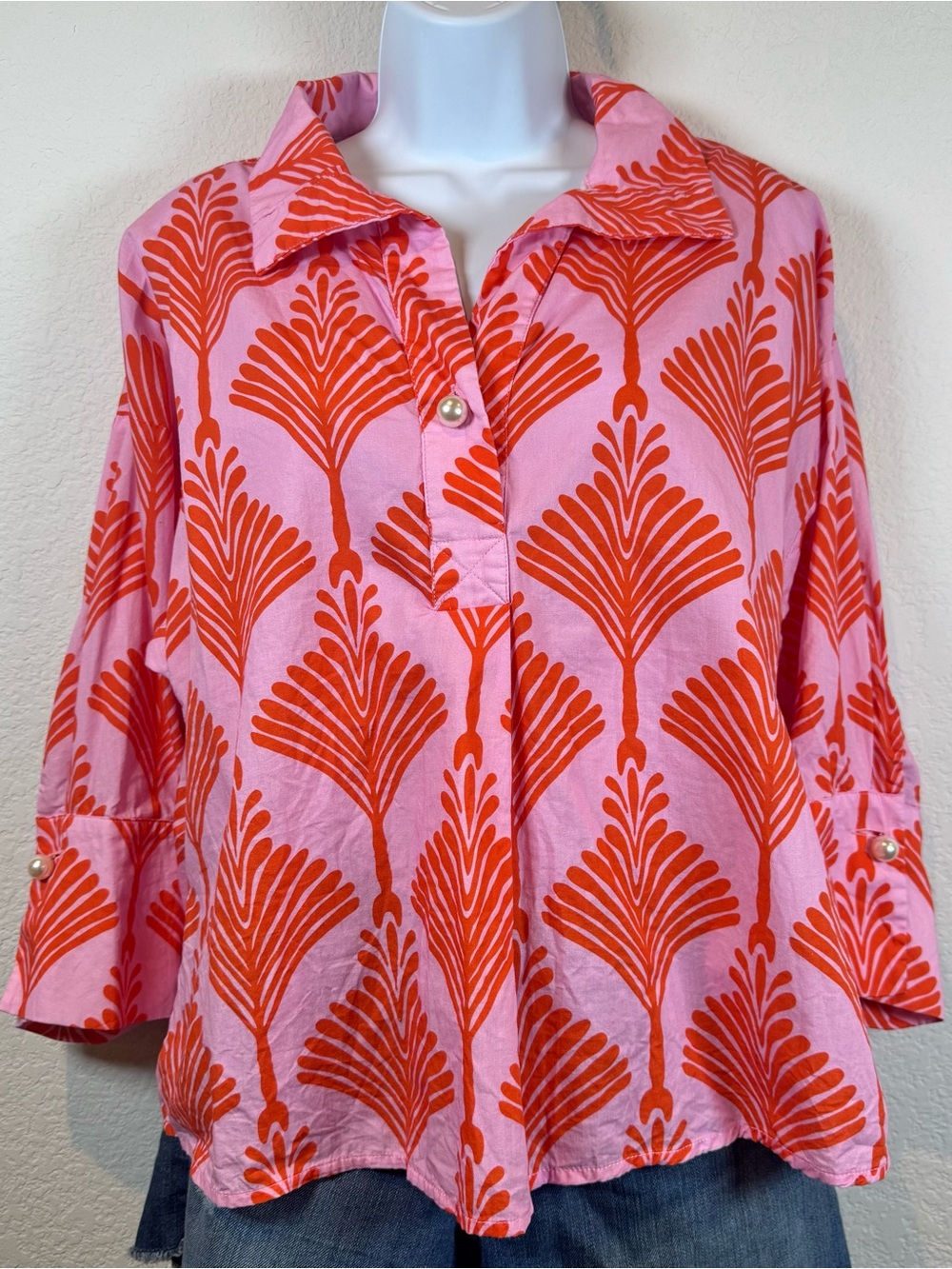 Jodifl Pink and Red Orange Coral Palm Fan Print 3/4 Sleeve Boutique Top Sz Large